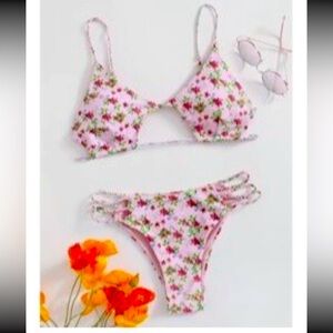 New Romwe Pink Floral Cut-out Bikini Swimsuit Small